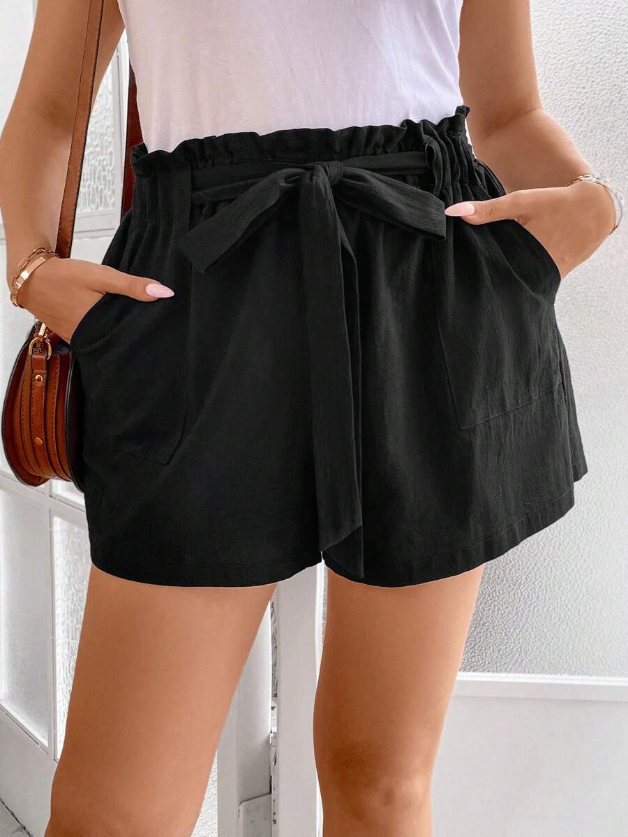 Calvaya Hơn Nếp gấp cao eo Thắt lưng Quần short chân rộng - màu đen - Xem 1