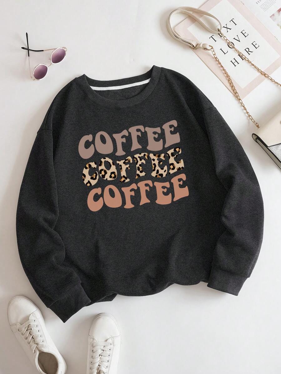 INAWLY 豹纹字母图案保暖内衬卫衣，适合冬季和秋季穿着 - 深灰色 - 查看 1