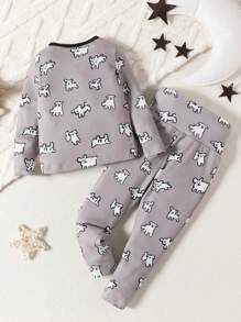 寶寶女孩簡約風格卡通小狗印花長褲和長袖上衣休閒2入家居服裝 - 灰色 - 查看 2