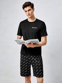 Men Letter Graphic PJ Set - Black - View 3