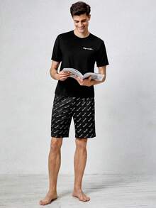 Men Letter Graphic PJ Set - Black - View 5