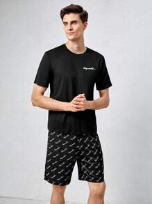 Men Letter Graphic PJ Set - Black - View 6