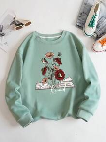 SHEIN EZwear Hơn In hoa Lót nhiệt Áo nỉ - Màu xanh Bạc hà - Xem 1