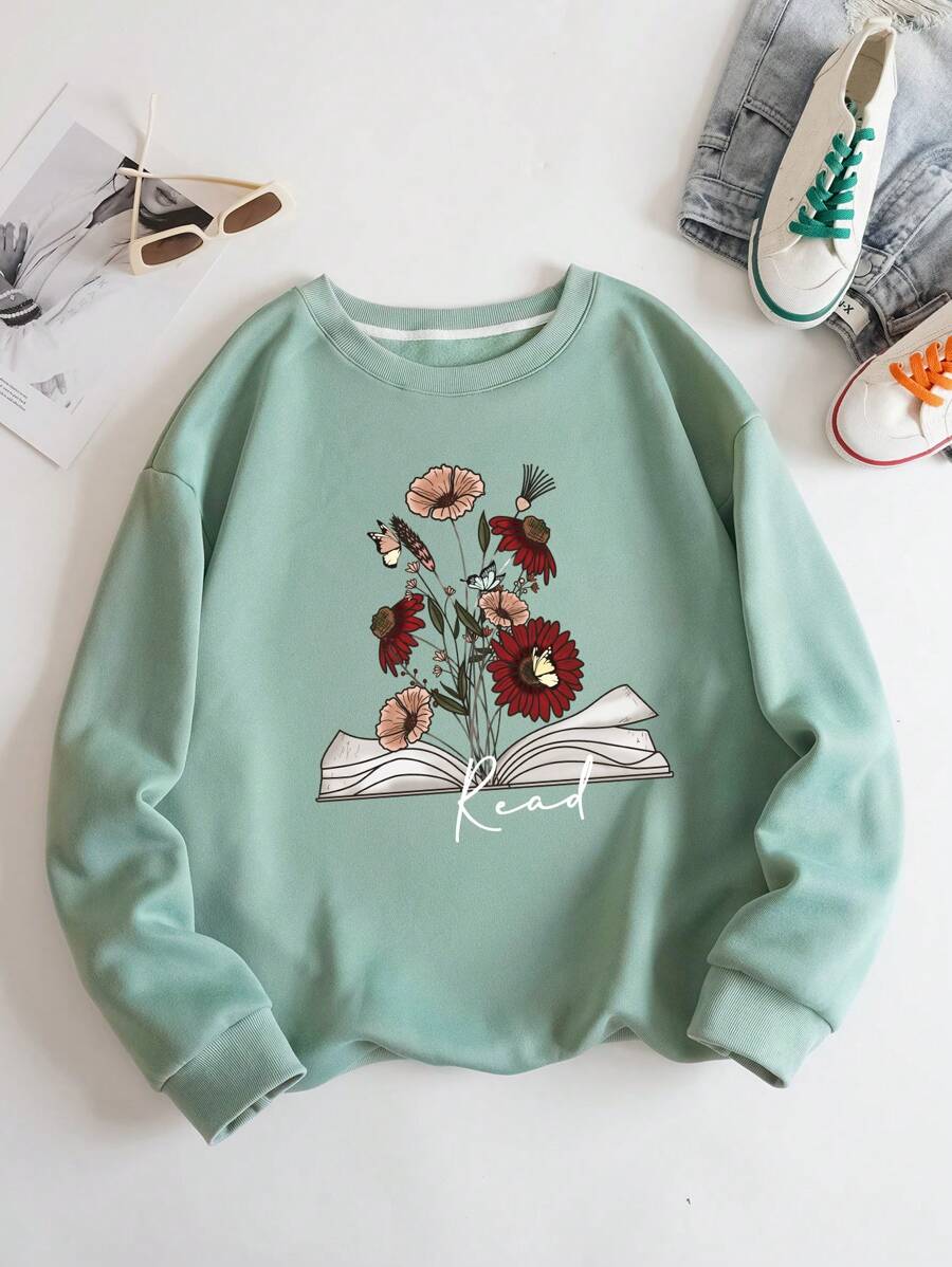 SHEIN EZwear Hơn In hoa Lót nhiệt Áo nỉ - Màu xanh Bạc hà - Xem 1