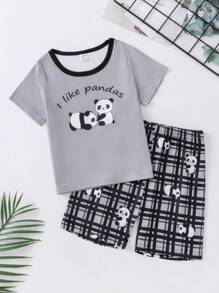 Chàng trai trẻ Gấu trúc và bản khẩu hiệu Áo phông ràng buộc màu tương phản & Kẻ sọc Quần short Bộ PJ - Nhiều màu - Xem 1