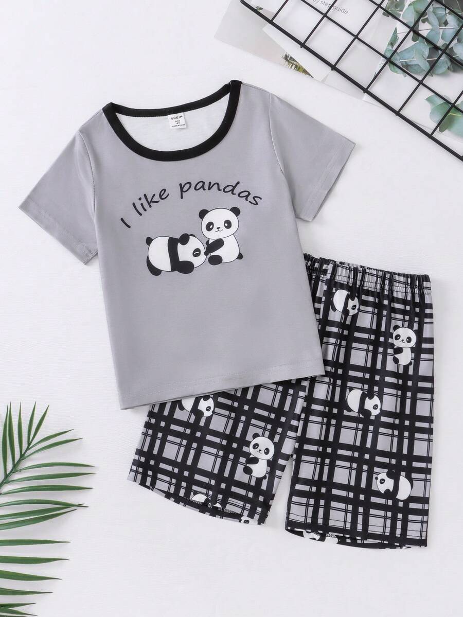 Chàng trai trẻ Gấu trúc và bản khẩu hiệu Áo phông ràng buộc màu tương phản & Kẻ sọc Quần short Bộ PJ - Nhiều màu - Xem 1