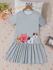 Girls Cartoon Graphic Ruffle Hem Sleep Dress - Grey - View 1