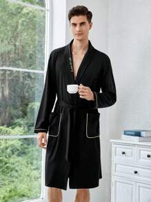 Men Slogan Embroidery Contrast Binding Belted Robe - Black - View 4