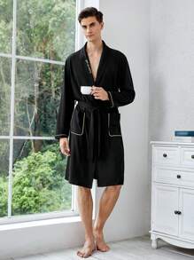 Men Slogan Embroidery Contrast Binding Belted Robe - Black - View 1