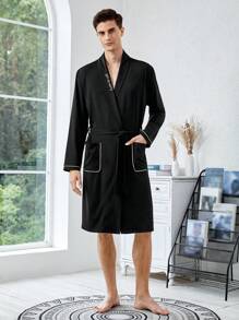 Men Slogan Embroidery Contrast Binding Belted Robe - Black - View 3