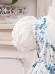 Baby Girl Floral Print Puff Sleeve Ruffle Hem Dress - Blue and White - View 3