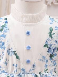 Baby Girl Floral Print Puff Sleeve Ruffle Hem Dress - Blue and White - View 6