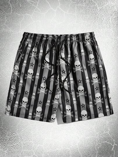Goth Guys Striped & Skull Print Drawstring Waist Shorts