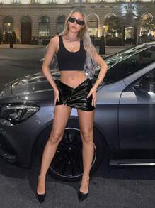 SHEIN ICON 前拉鍊PU皮革包臀半身裙 - 黑色 - 查看 7