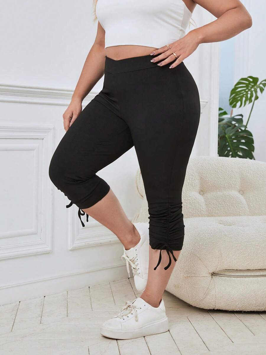SHEIN Essnce Plus Drawstring Side Leggings - Black - View 1