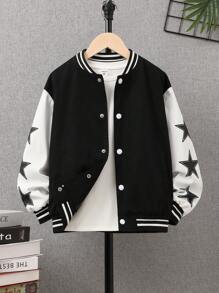 SHEIN Tween Boy Letter & Figure Graphic Striped Trim Drop Shoulder Bomber Jacket Without Tee - Black and White - View 2