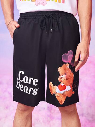 ROMWE X Care Bears Guys Cartoon & Letter Graphic Drawstring Waist Shorts