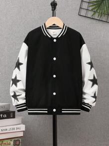 SHEIN Tween Boy Letter & Figure Graphic Striped Trim Drop Shoulder Bomber Jacket Without Tee - Black and White - View 3