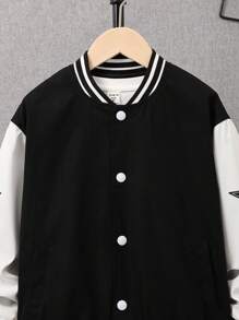 SHEIN Tween Boy Letter & Figure Graphic Striped Trim Drop Shoulder Bomber Jacket Without Tee - Black and White - View 4