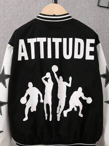 SHEIN Tween Boy Letter & Figure Graphic Striped Trim Drop Shoulder Bomber Jacket Without Tee - Black and White - View 8