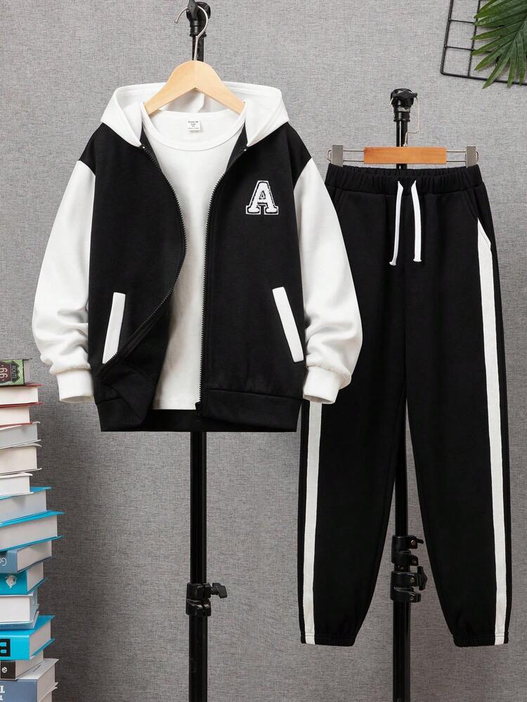 2pcs Set Tween Boys Casual Patchwork Contrast Color Hooded Sweatshirt Jacket + Side Stripe Pants Fleece Thickened Outfit