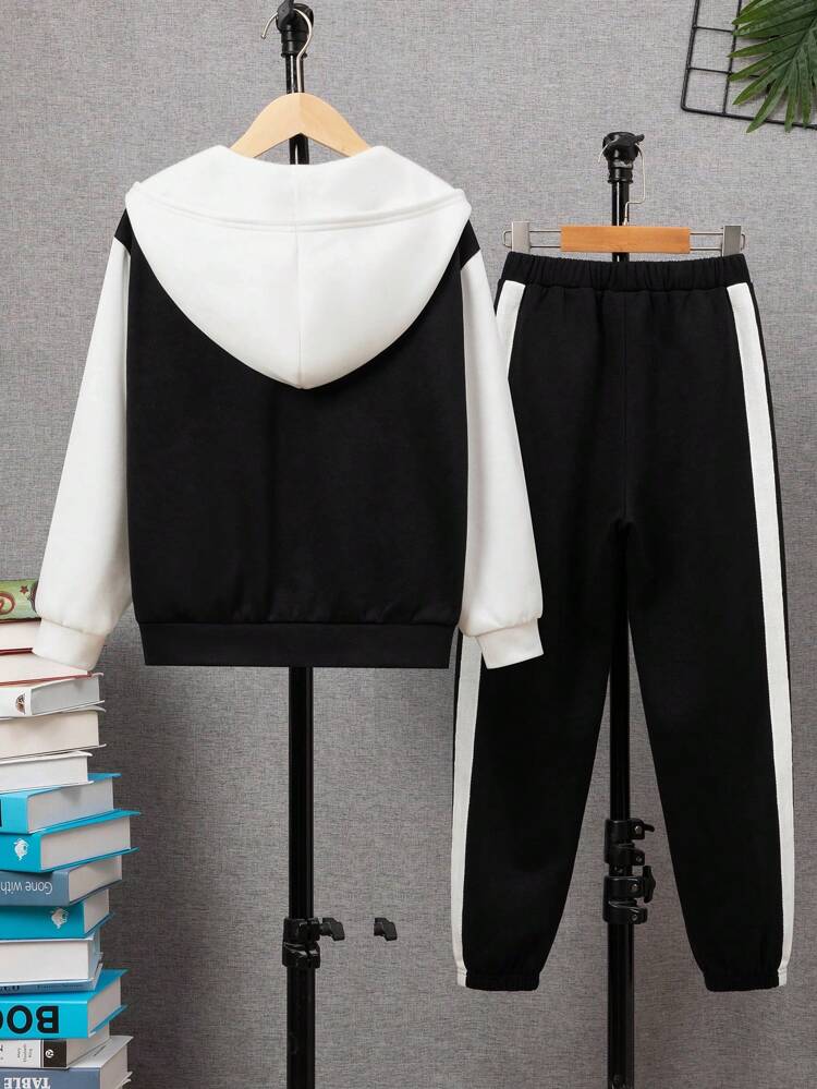 2pcs Set Tween Boys Casual Patchwork Contrast Color Hooded Sweatshirt Jacket + Side Stripe Pants Fleece Thickened Outfit