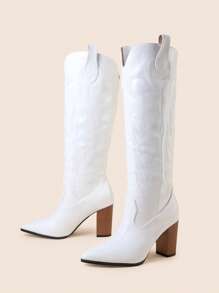Botas occidentales bordadas para mujeres con tacones gruesos y cremallera lateral, botas de vaquero blancas y elegantes para mujeres - Blanco - Ver 3
