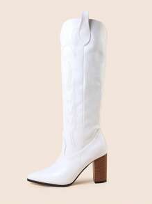 Botas occidentales bordadas para mujeres con tacones gruesos y cremallera lateral, botas de vaquero blancas y elegantes para mujeres - Blanco - Ver 4
