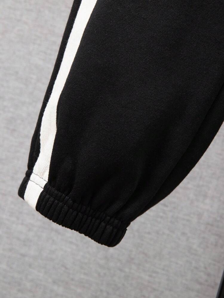 2pcs Set Tween Boys Casual Patchwork Contrast Color Hooded Sweatshirt Jacket + Side Stripe Pants Fleece Thickened Outfit