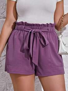 SHEIN Essnce Plus Paperbag Waist Shorts - Purple - View 1