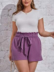 SHEIN Essnce Plus Paperbag Waist Shorts - Purple - View 4