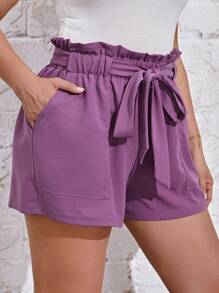 SHEIN Essnce Plus Paperbag Waist Shorts - Purple - View 5
