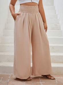 SHEIN VCAY Hơn Chất rắn Quần ống rộng - Màu be - Xem 3