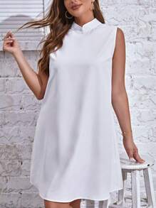 SHEIN Essnce Plus Mandarin Collar Cut Out Back Dress - White - View 6