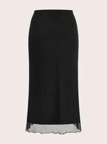 SHEIN EZwear Plus High Waist Mesh Overlay Lettuce Trim Skirt - Black - View 2