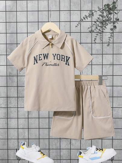 SHEIN 男大童短袖拼接滾邊字母圖案上衣和短褲套裝