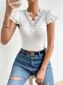 SHEIN Privé 鏤空蕾絲花邊蝴蝶袖連體衣 - 白色 - 查看 7