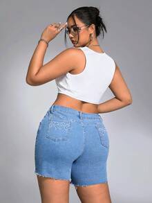SHEIN SXY Hơn Cắt Thô Quần short Denim - Rửa trung bình - Xem 2