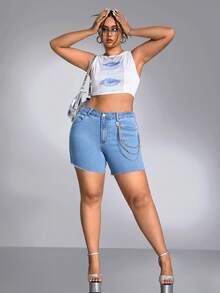 SHEIN SXY Hơn Cắt Thô Quần short Denim - Rửa trung bình - Xem 3