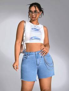 SHEIN SXY Hơn Cắt Thô Quần short Denim - Rửa trung bình - Xem 4