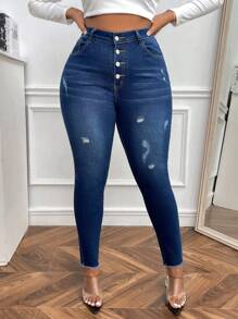 SHEIN SXY Hơn Cao eo Rách Cắt Thô Quần jean ôm - Rửa tối - Xem 1