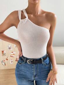 SHEIN Privé Một bờ vai Dệt kim Waffle Áo - Màu be - Xem 5