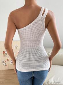 SHEIN Privé Một bờ vai Dệt kim Waffle Áo - Màu be - Xem 2