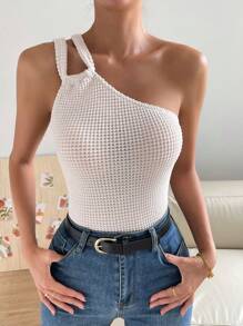 SHEIN Privé Một bờ vai Dệt kim Waffle Áo - Màu be - Xem 3