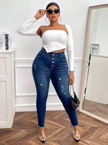 SHEIN SXY Hơn Cao eo Rách Cắt Thô Quần jean ôm - Rửa tối - Xem 4