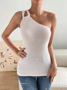 SHEIN Privé Một bờ vai Dệt kim Waffle Áo - Màu be - Xem 4