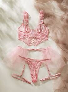 花卉蕾絲鋼圈吊帶襪內衣套裝