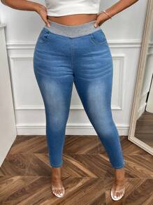 SHEIN SXY Plus High Waist Skinny Jeans - Light Wash - View 1