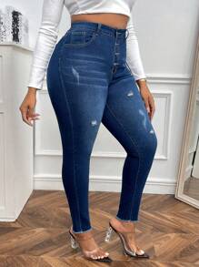 SHEIN SXY Hơn Cao eo Rách Cắt Thô Quần jean ôm - Rửa tối - Xem 5