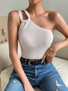 SHEIN Privé Một bờ vai Dệt kim Waffle Áo - Màu be - Xem 6